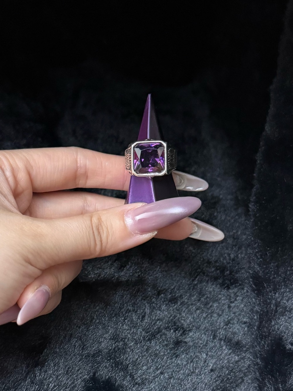 Square Purple Zircon Gothic Open Adjustable Engraved Band Statement Ring